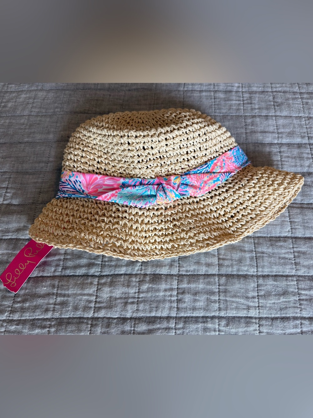 Lilly Pulitzer Natural Straw Hat with Pink & Blue Floral Band